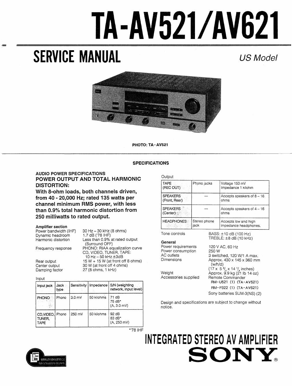 sony ta av 521 service manual