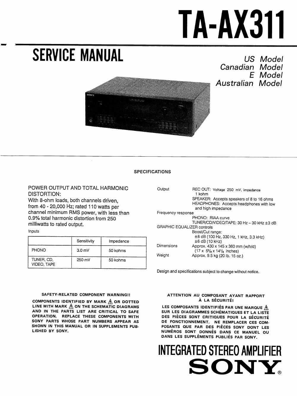 sony ta ax 311 service manual