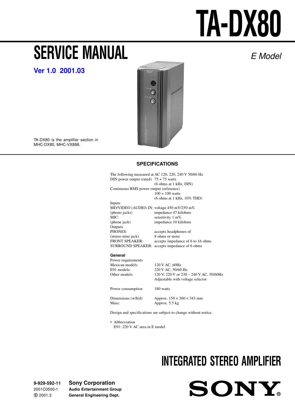 sony ta dx 80 service manual