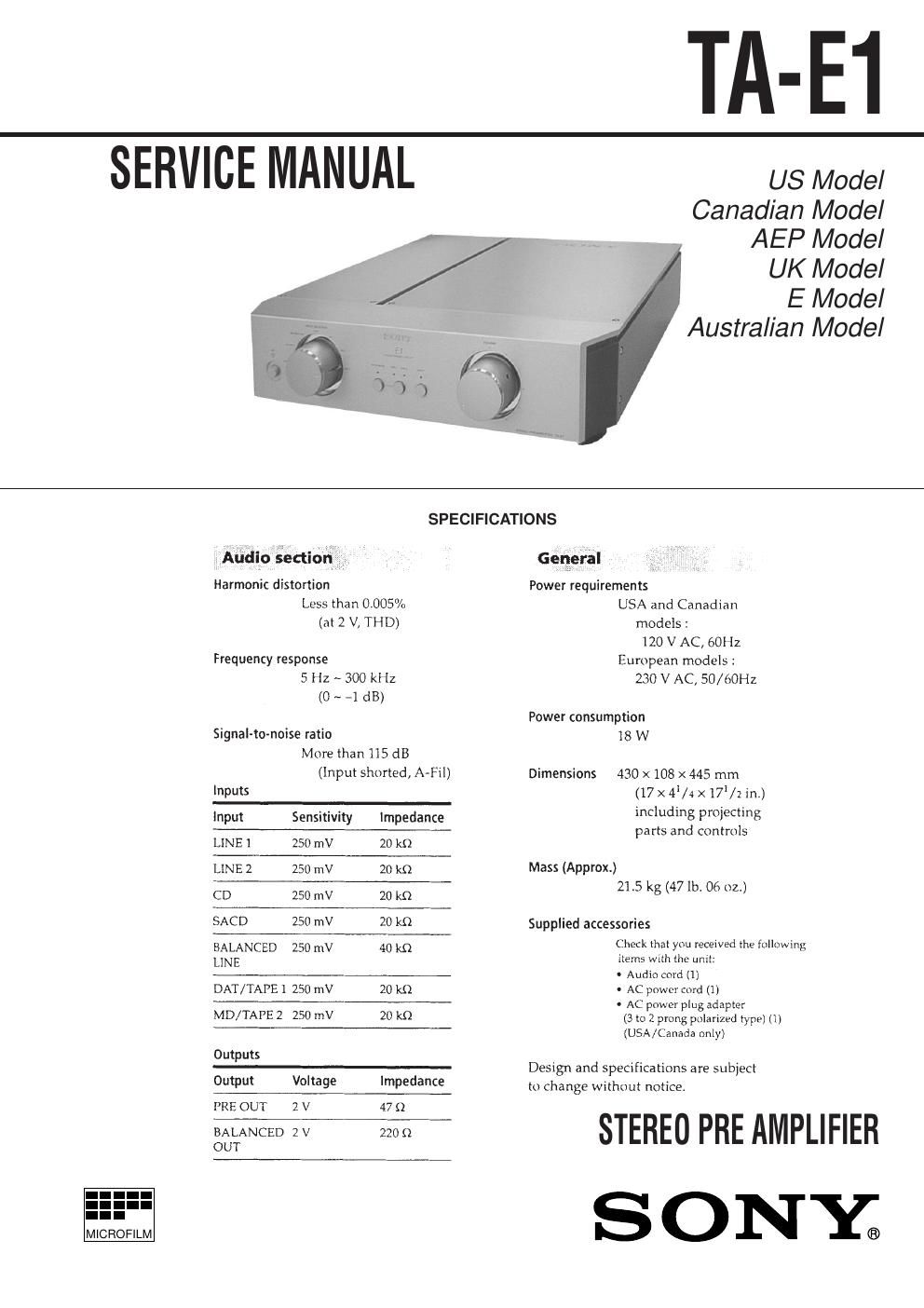 sony ta e 1 pre service manual