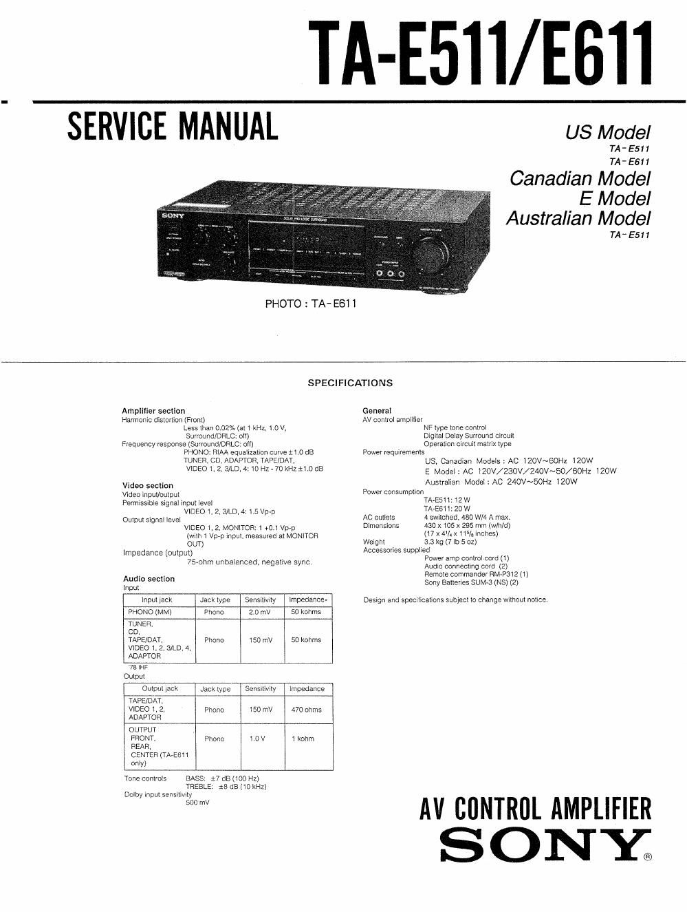 sony ta e 511 service manual