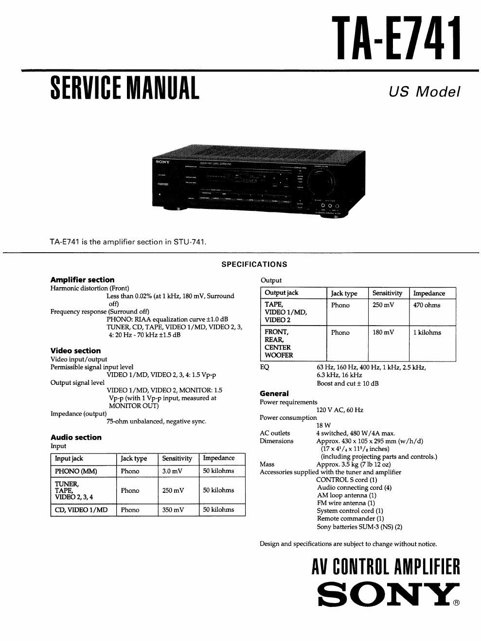 sony ta e 741 service manual