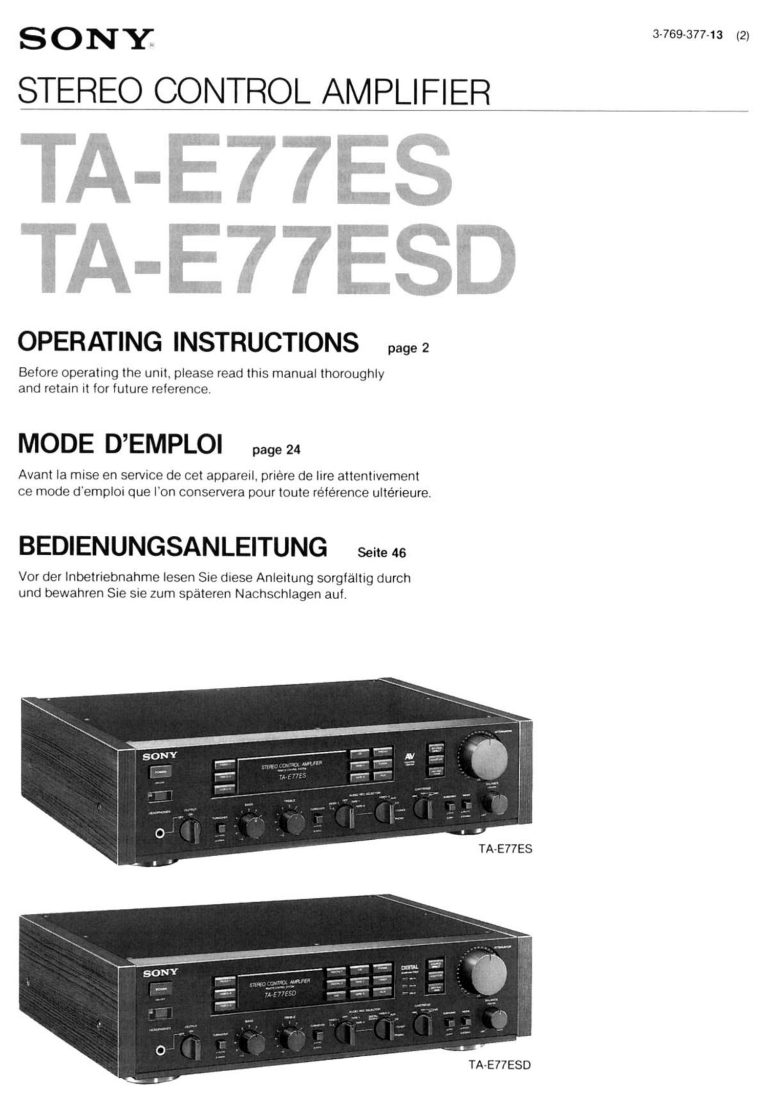 sony ta e 77 esd owners manual