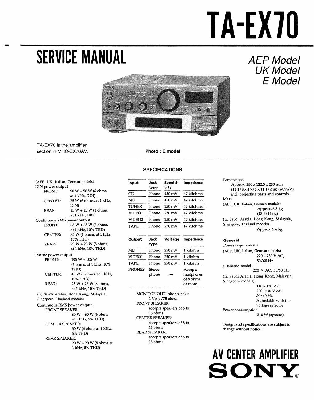 sony ta ex 70 service manual