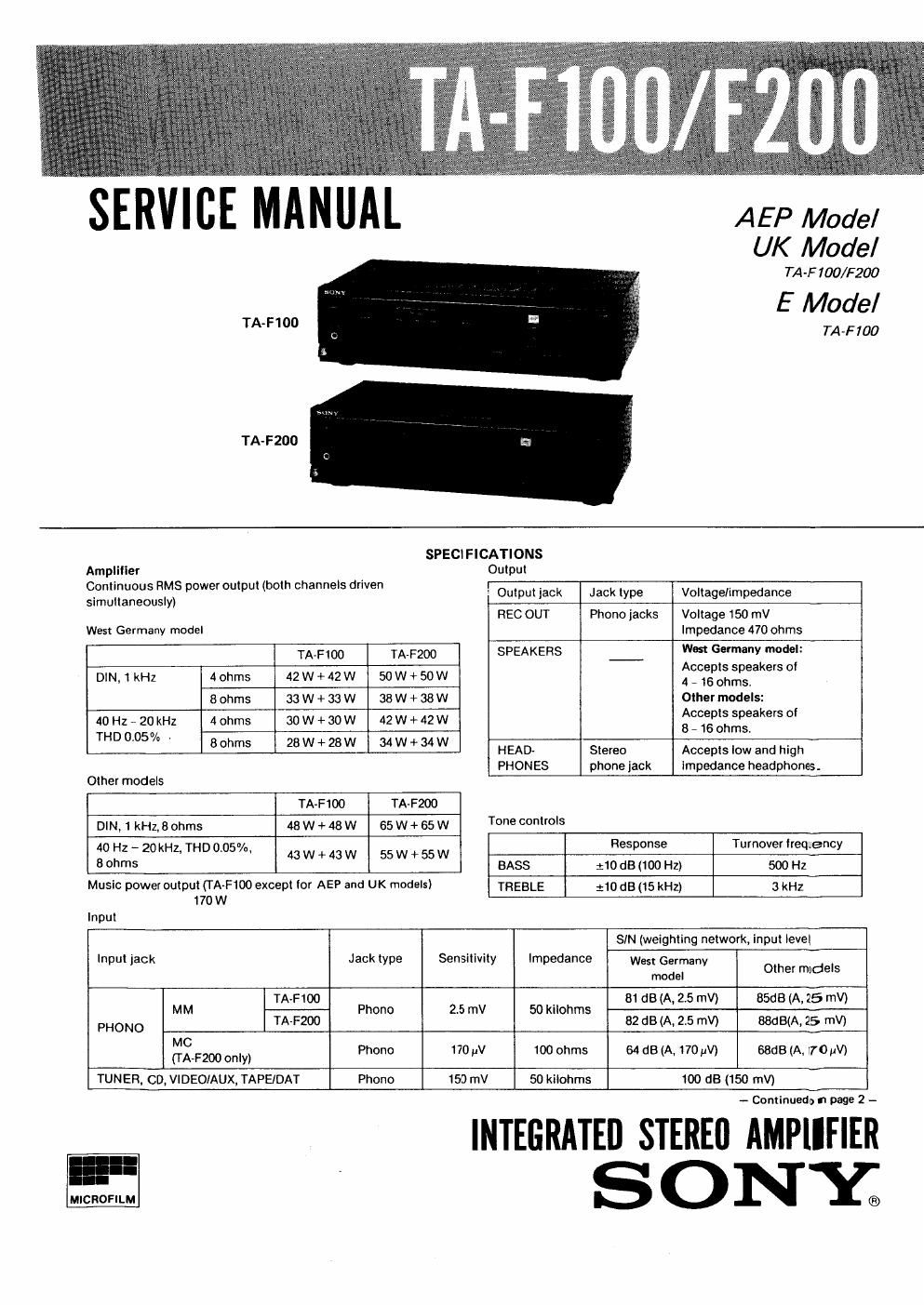 sony ta f 100 service manual