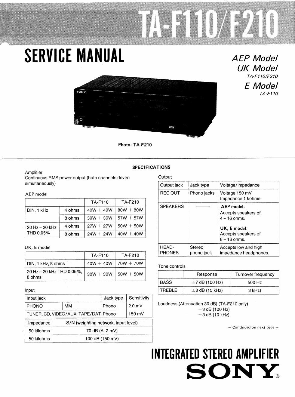 sony ta f 110 210 amp