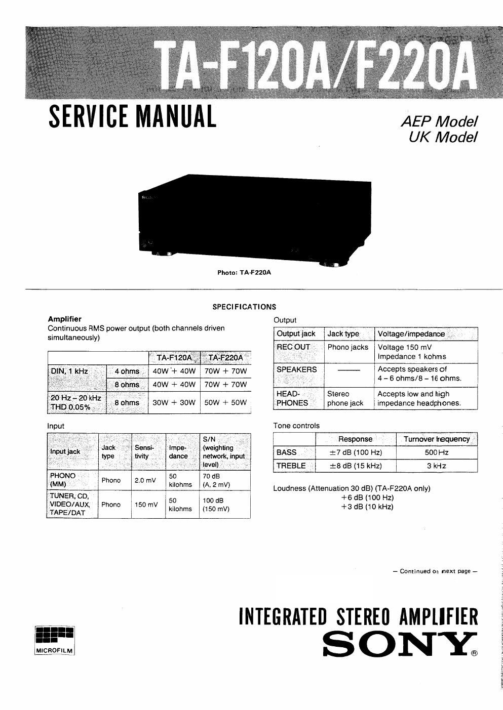 sony ta f 120a f220a service manual