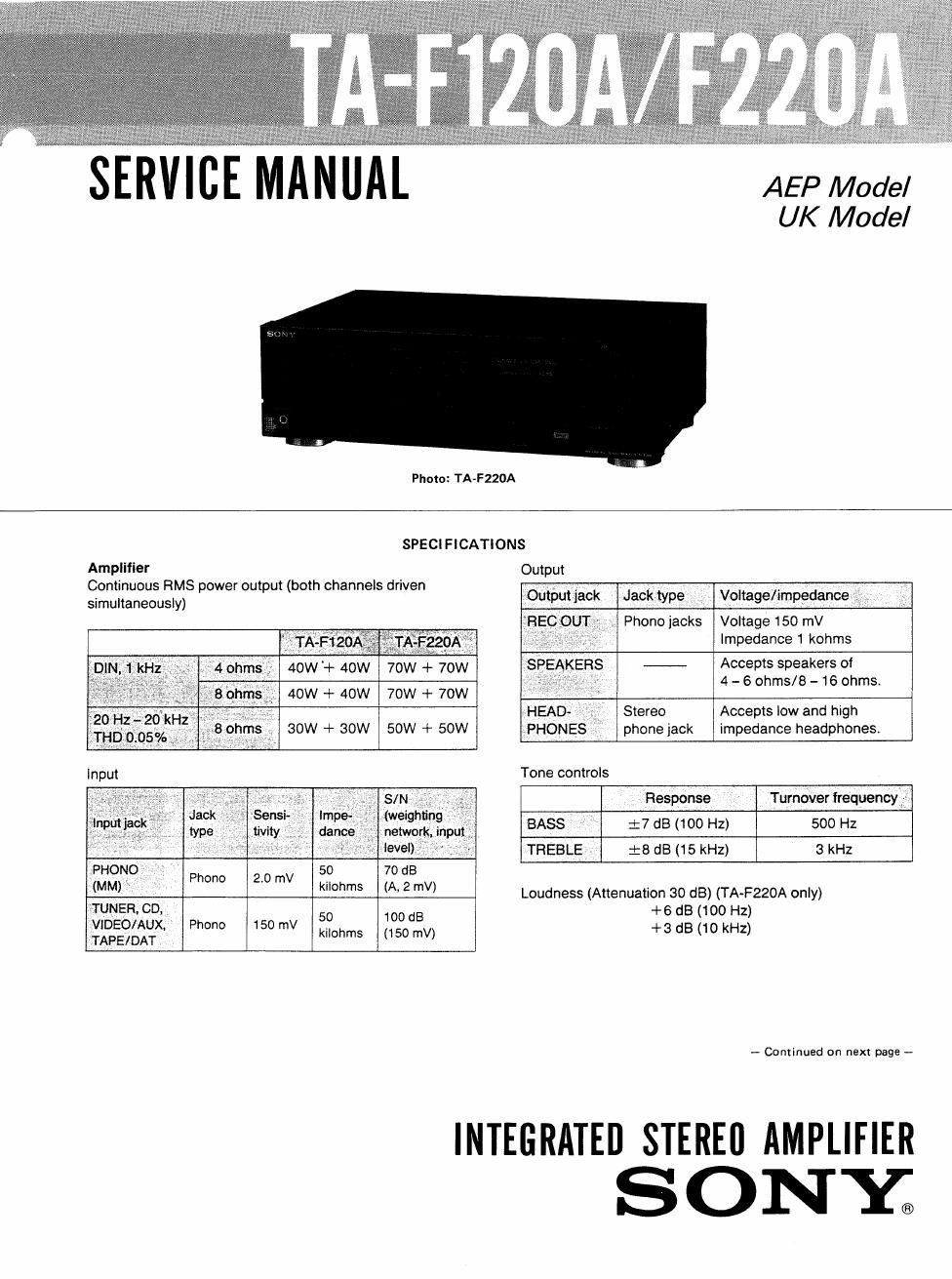 sony ta f 220 a service manual