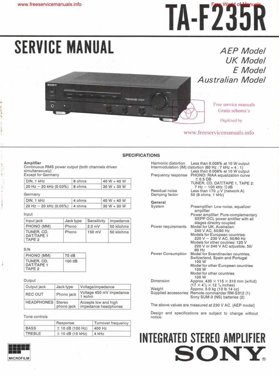 sony ta f 235r int service manual