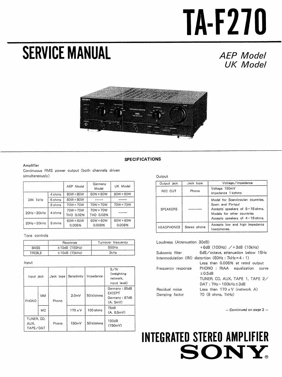 sony ta f 270 service manual