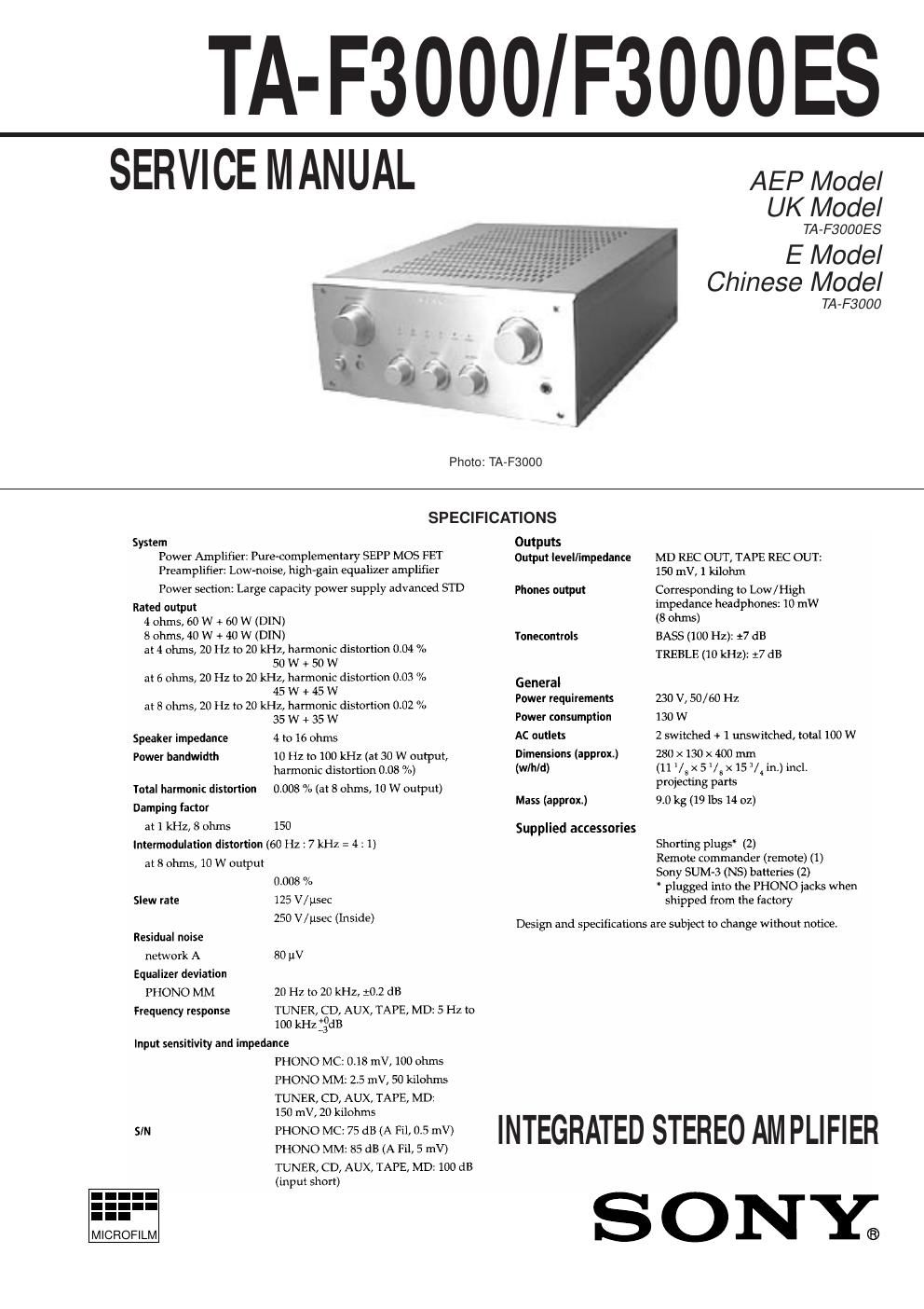 sony ta f 3000 service manual