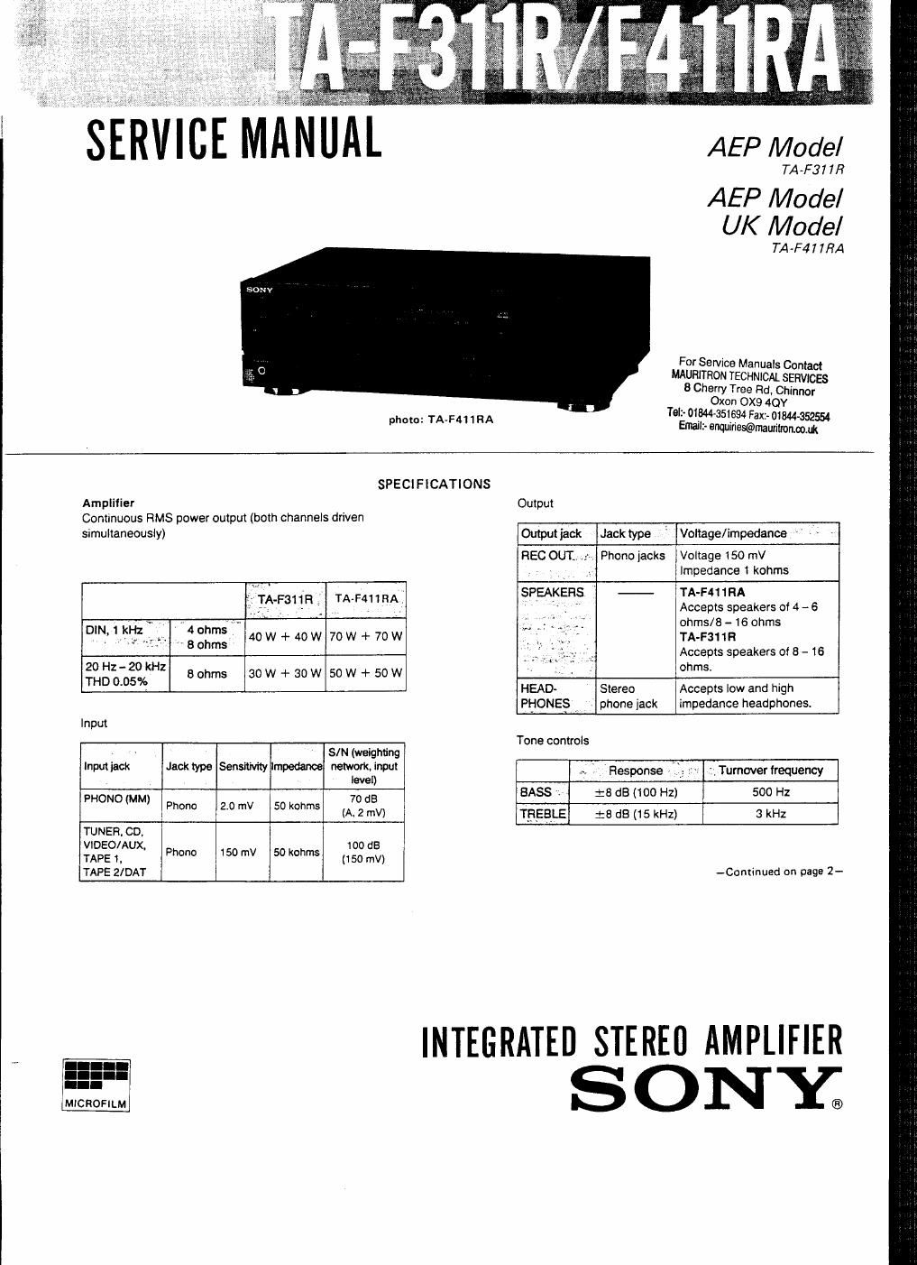 sony ta f 311 r service manual