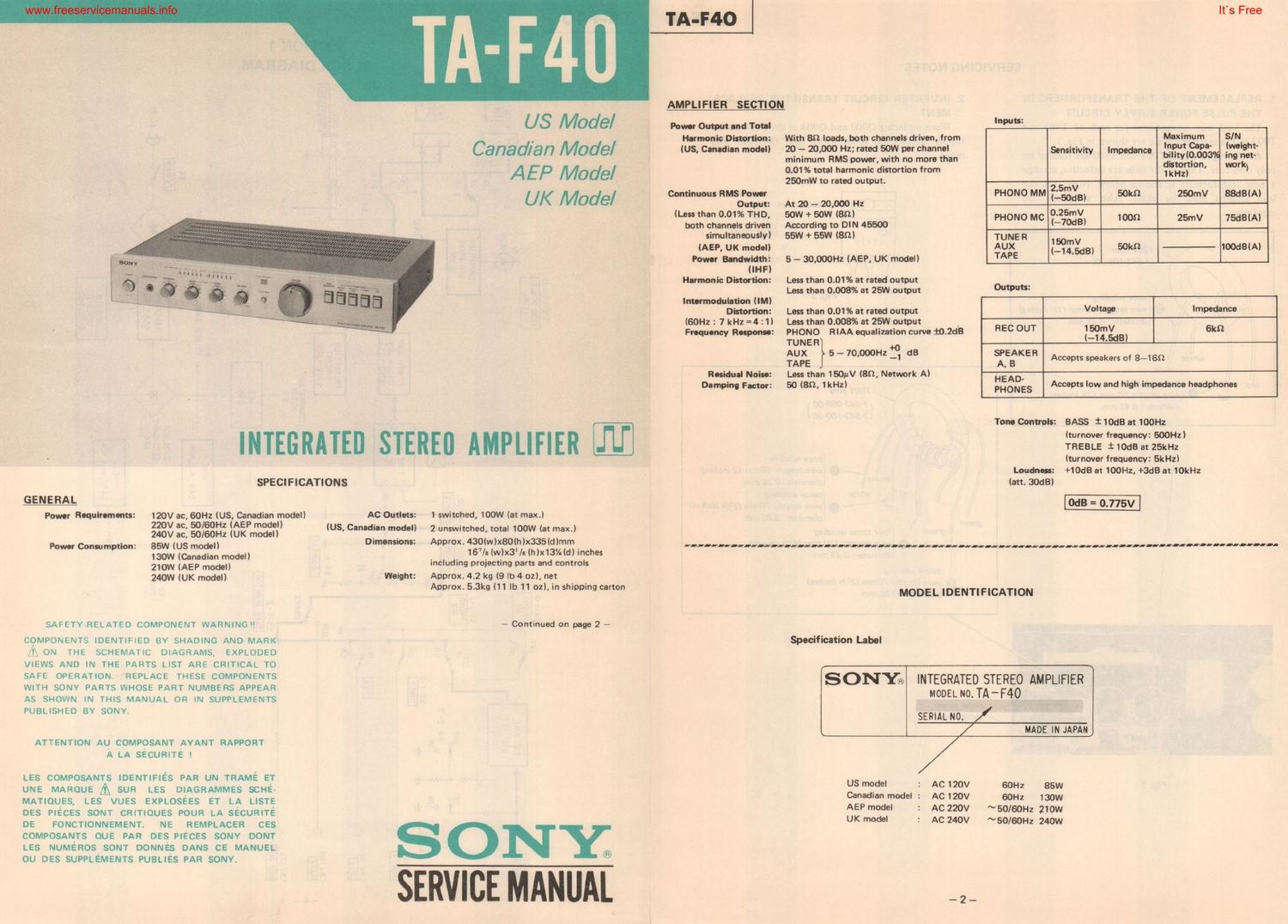 sony ta f 40 int service manual