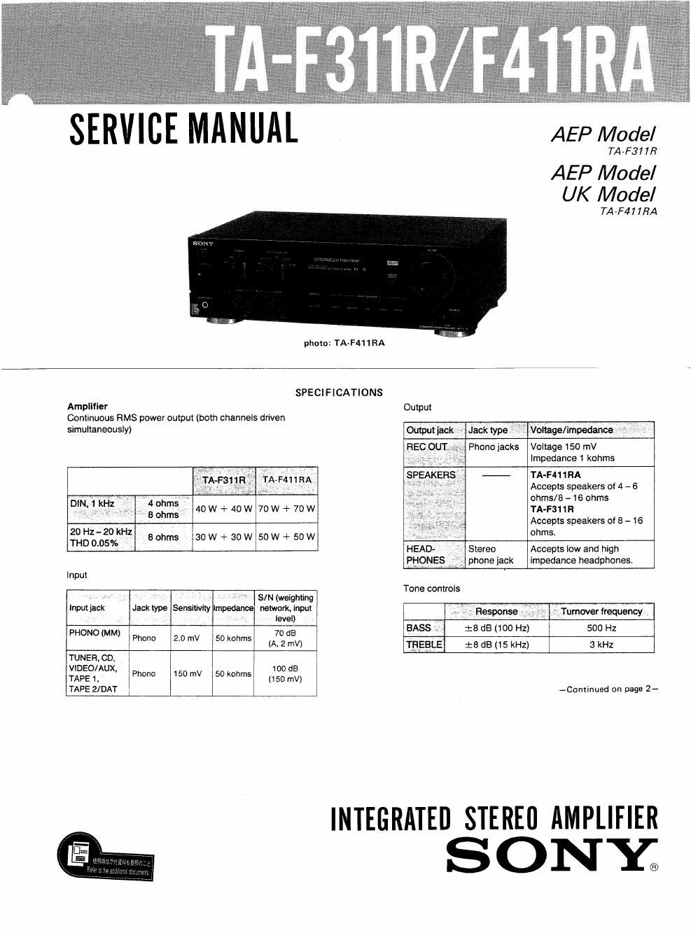 sony ta f 411 ra service manual