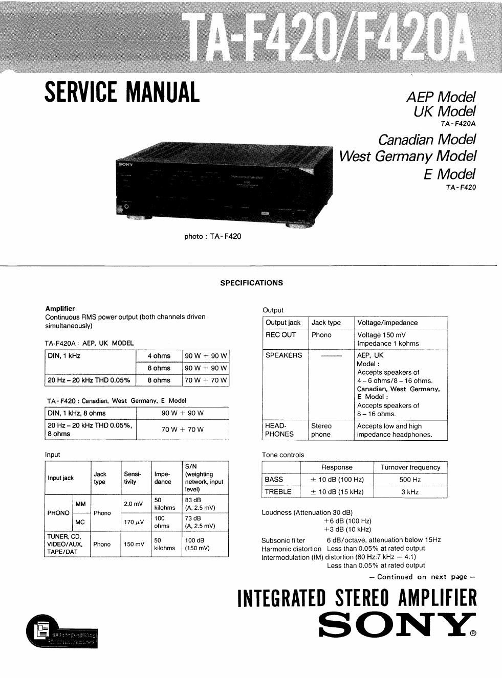 sony ta f 420 service manual