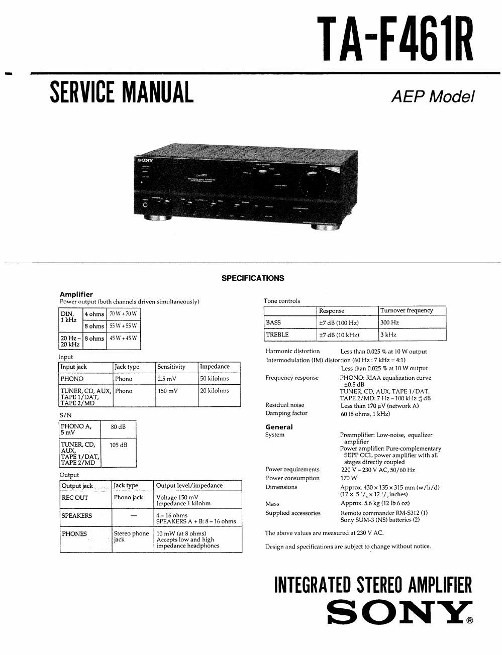 sony ta f 461r service manual