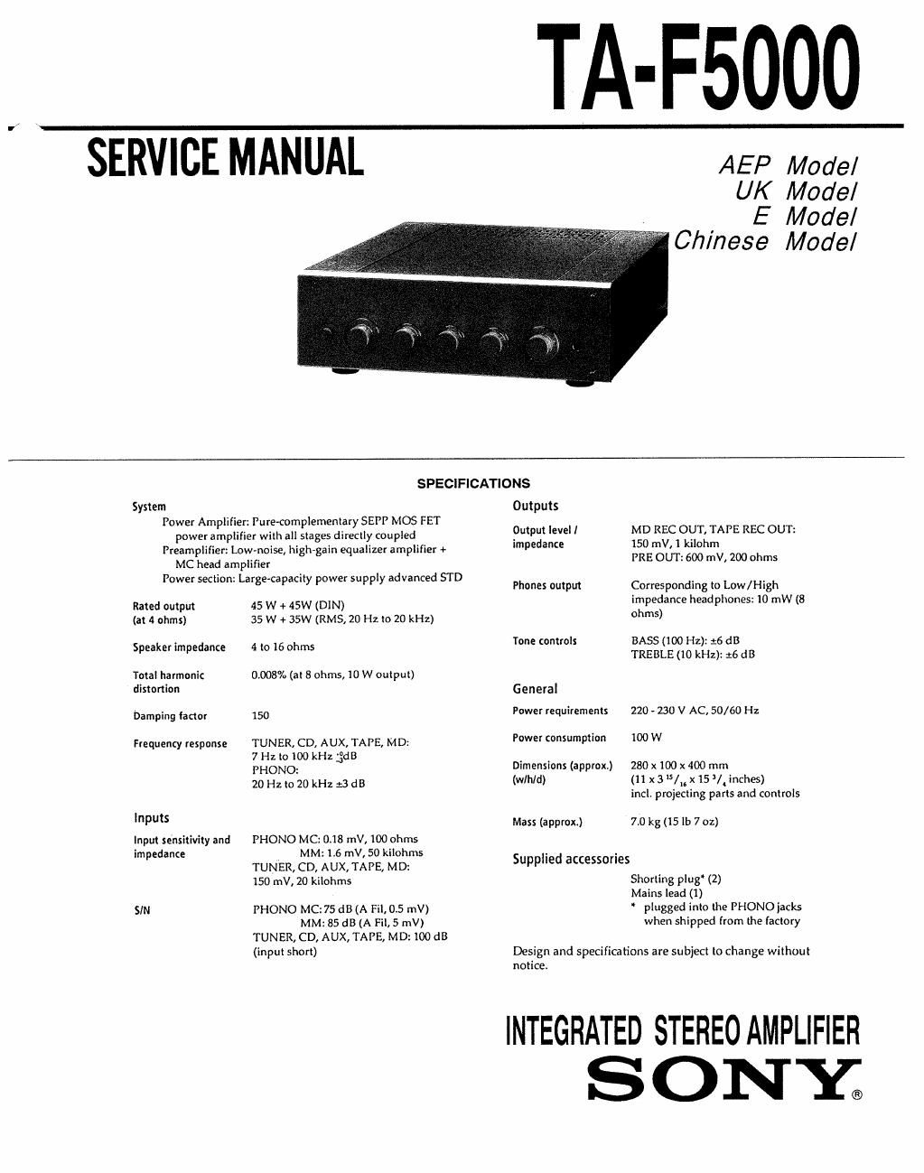 sony ta f 5000 service manual