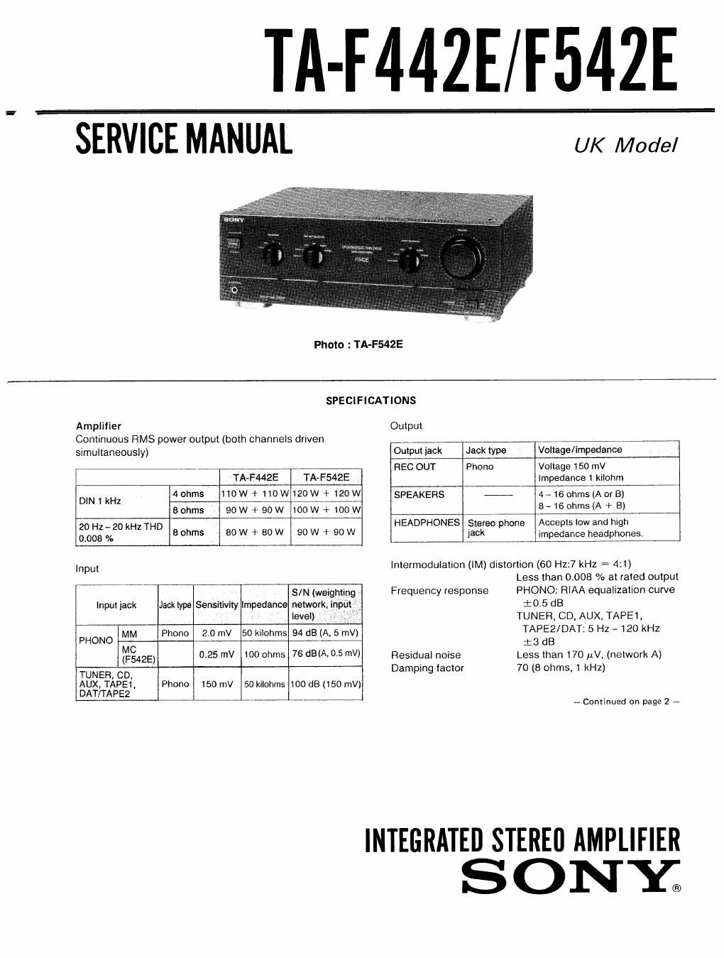 sony ta f 542 e service manual