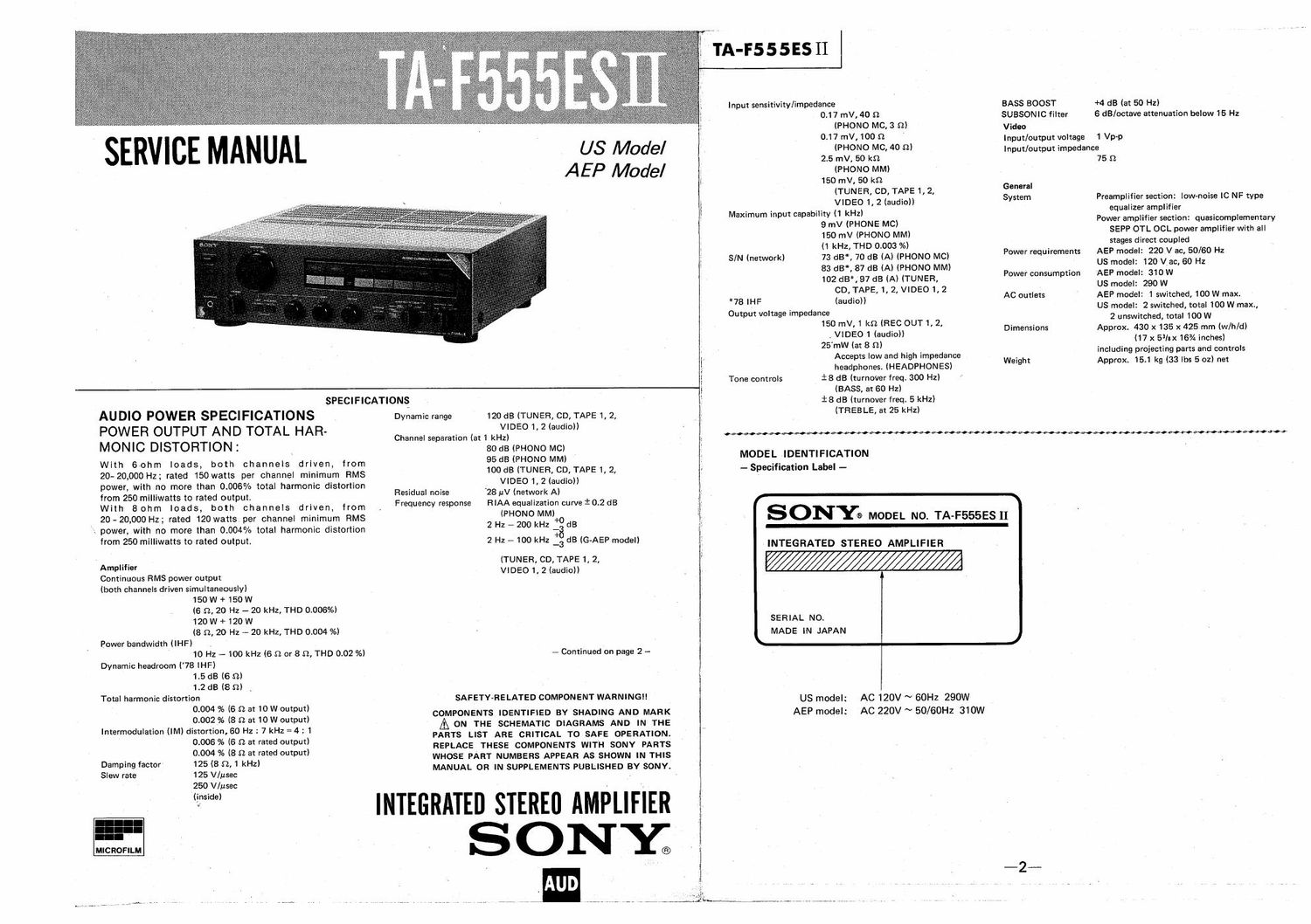 sony ta f 555esii service manual