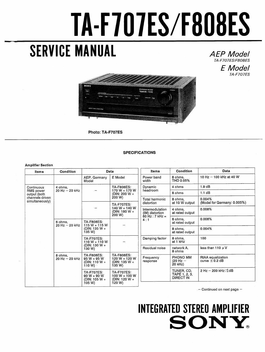 sony ta f 707 es service manual