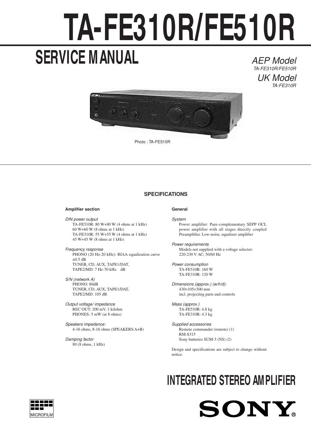 sony ta fe 310 r service manual