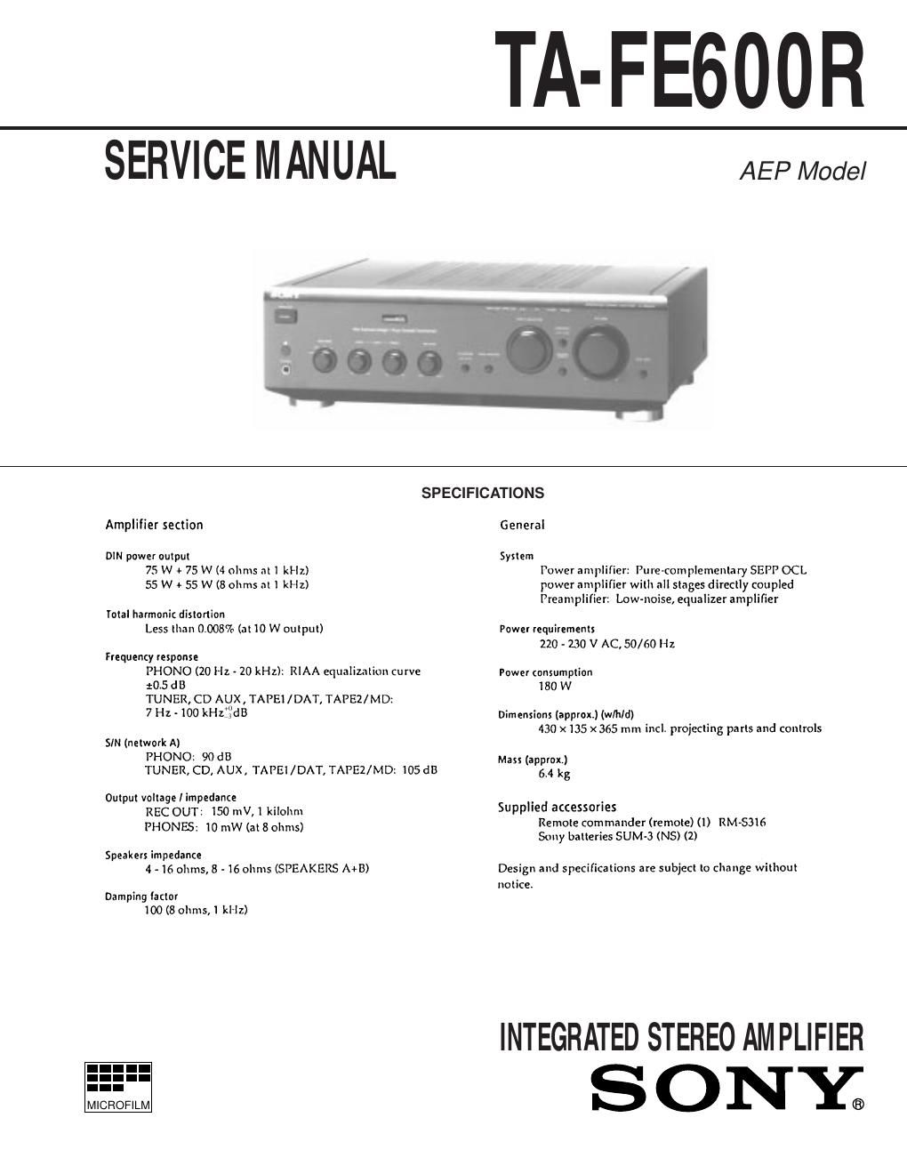 sony ta fe 600 r service manual