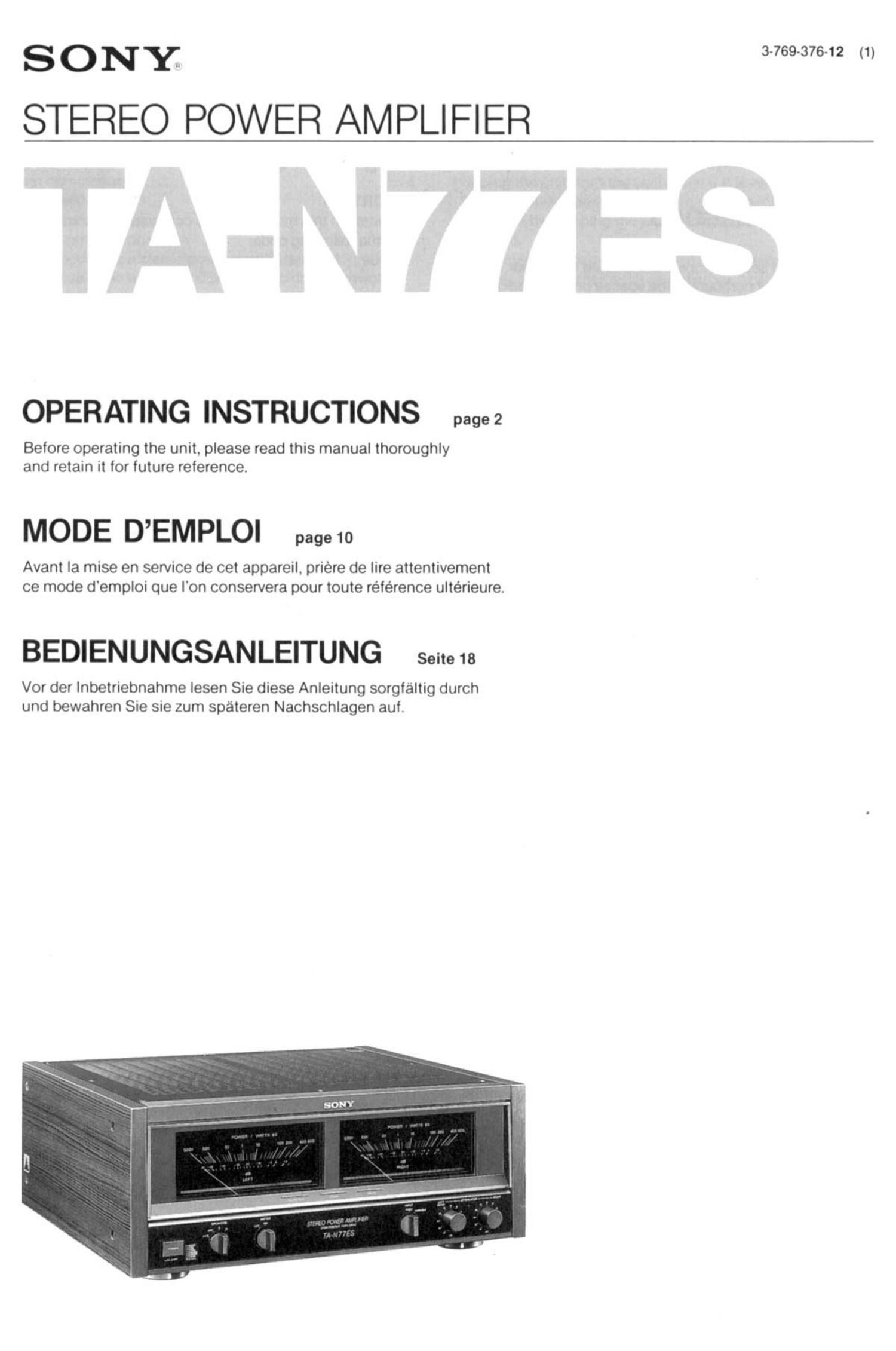 sony ta n 77 es owners manual