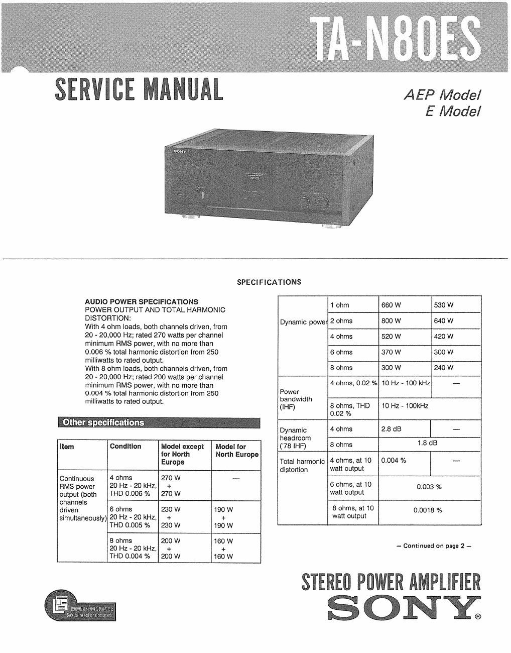 sony ta n 80es pwr service manual