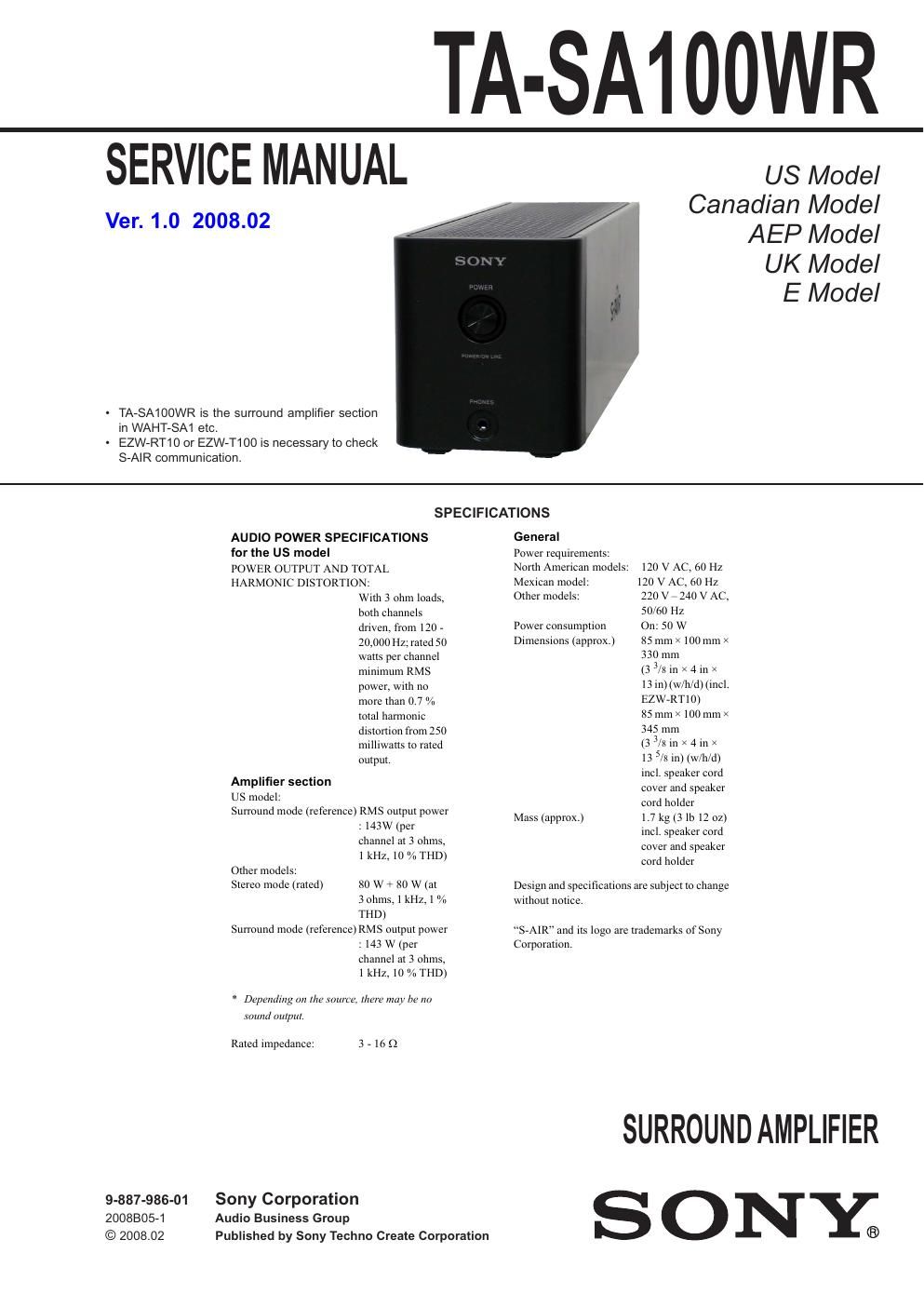 sony ta sa 100 wr service manual