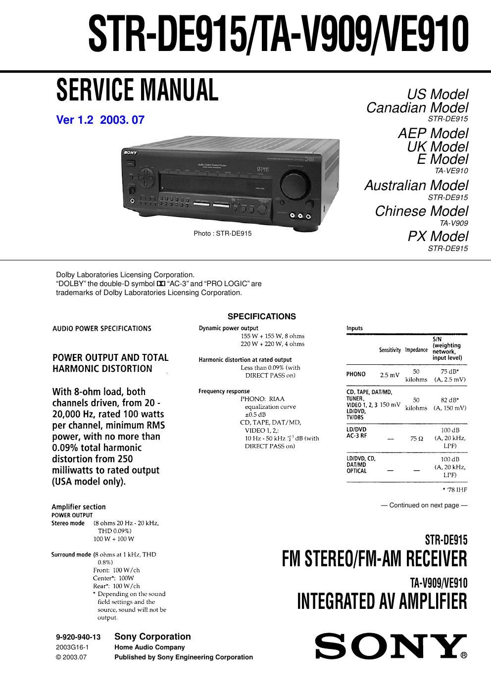 sony ta v 909 service manual