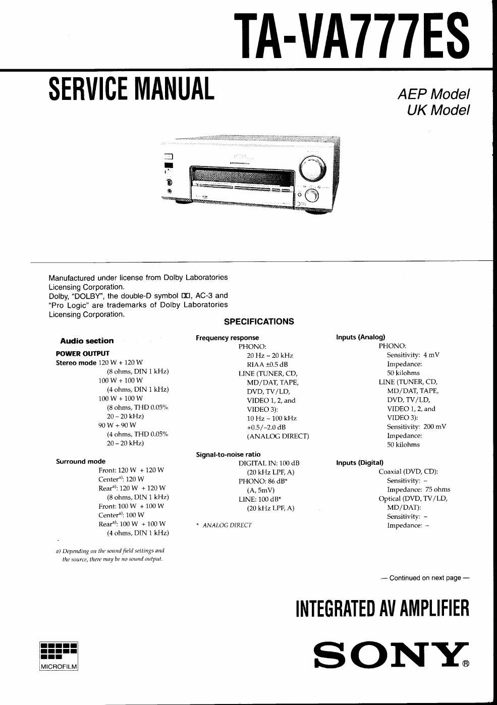 sony ta va 777 es service manual