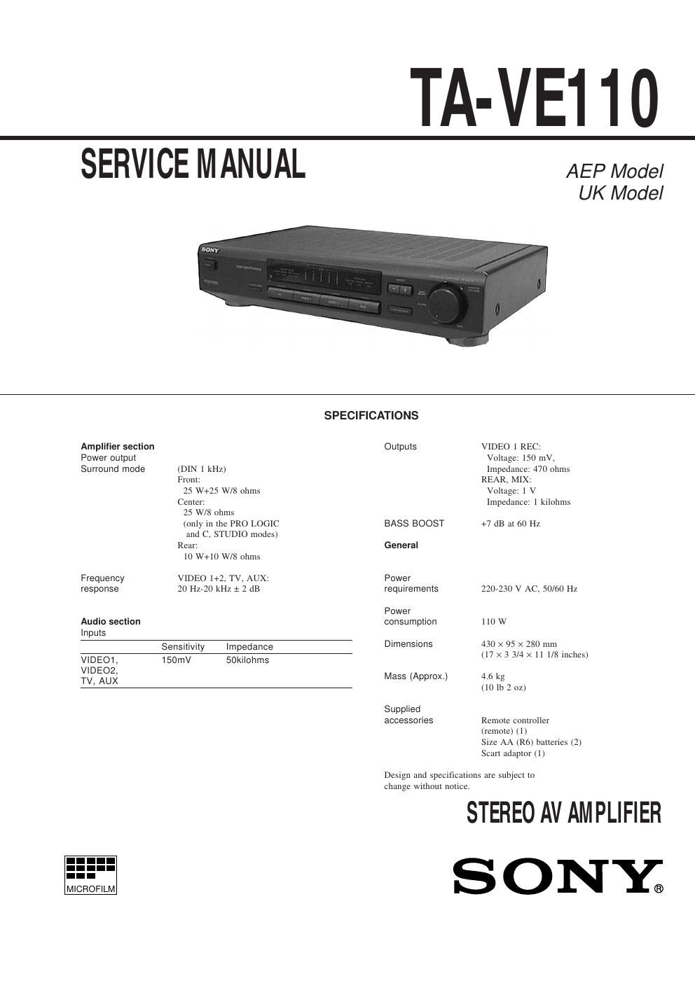 sony ta ve 110 service manual