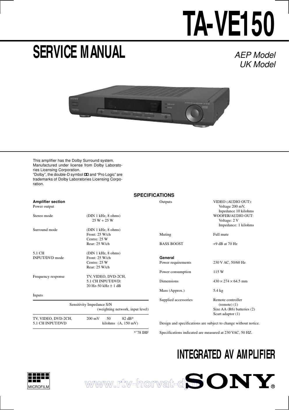 sony ta ve 150 2 service manual