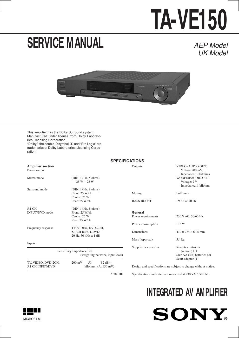 sony ta ve 150 service manual