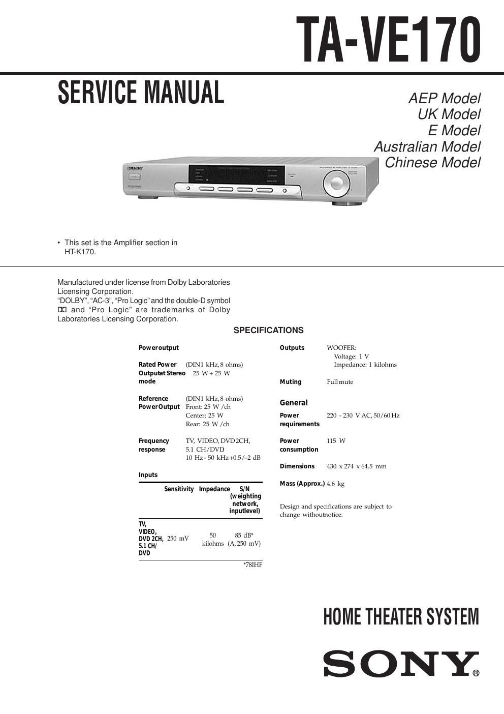 sony ta ve 170 service manual