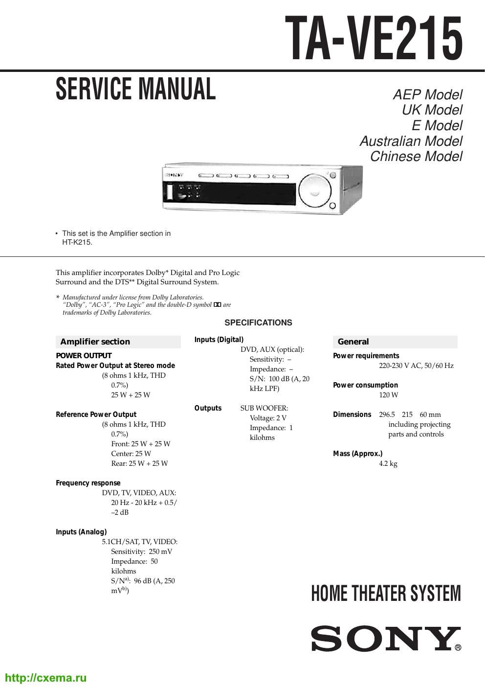 sony ta ve 215 service manual