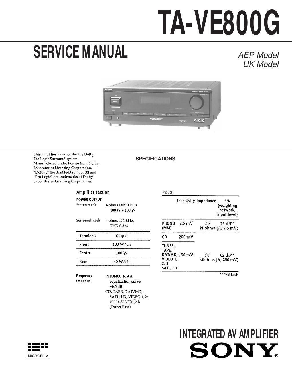 sony ta ve 800g hifi service manual