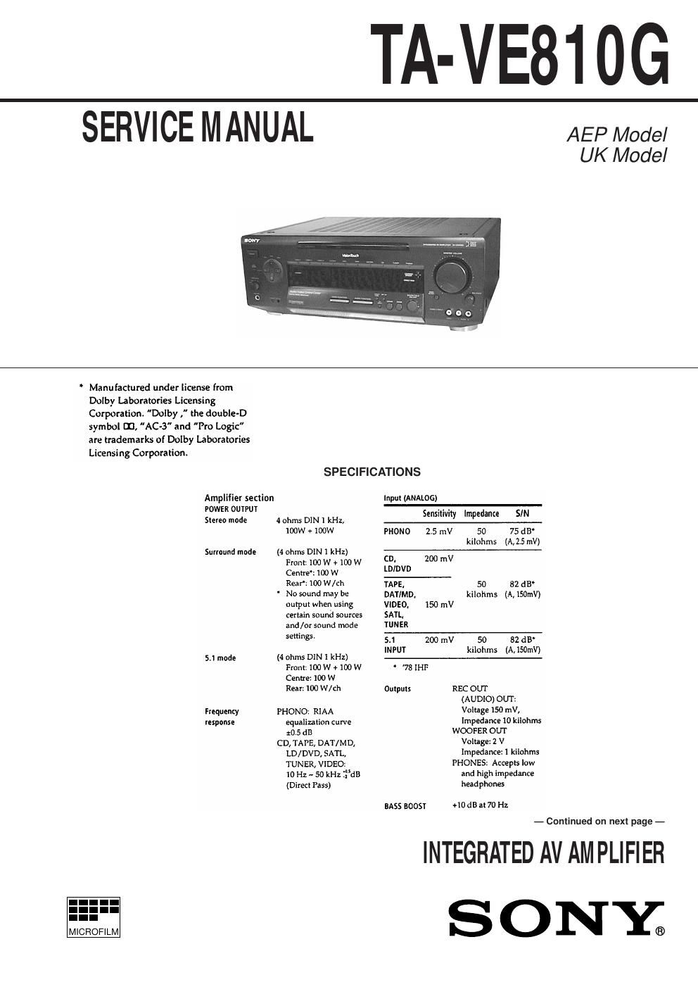 sony ta ve 810 g service manual