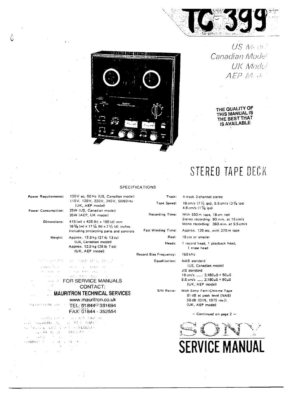 Free Audio Service Manuals - Free download sony tc 399 service manual