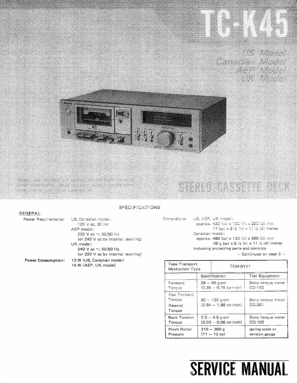 sony tc k 45 service manual