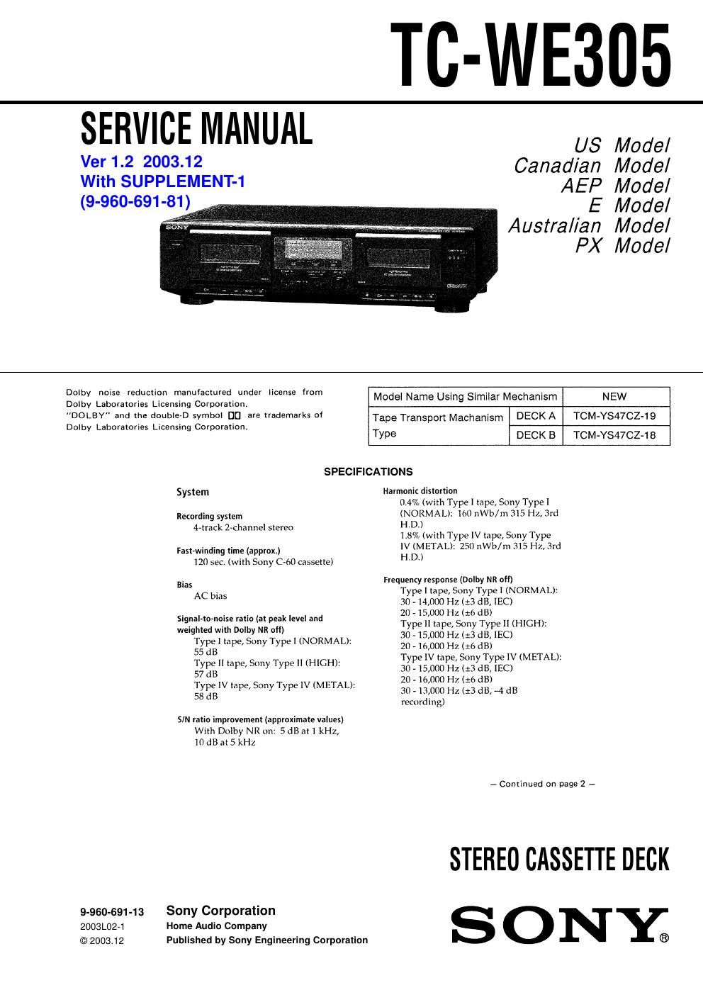 sony tc we 305 service manual