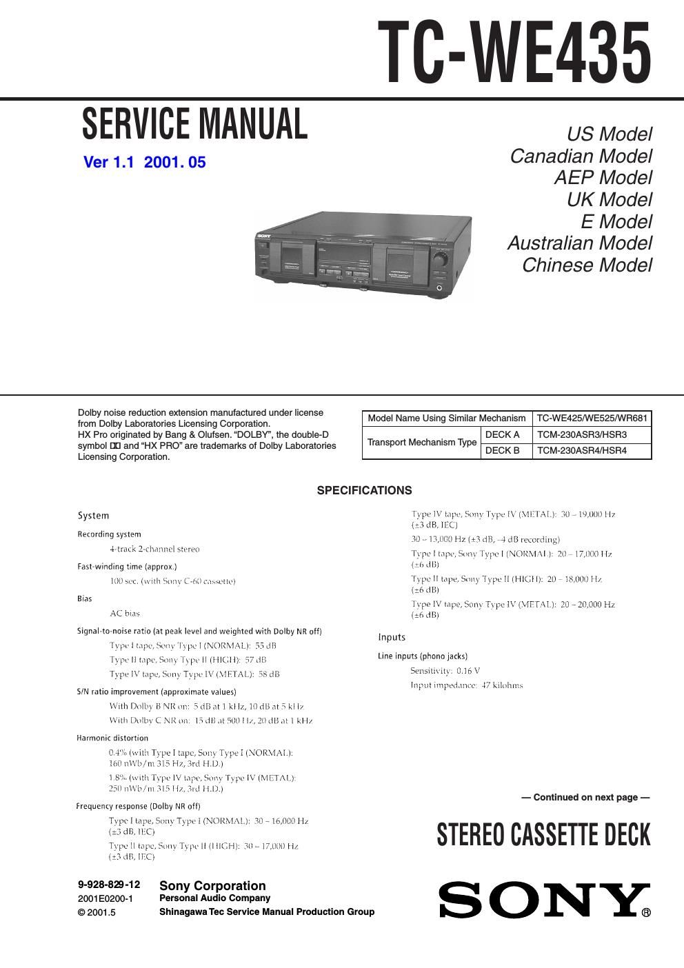 sony tc we 435 service manual