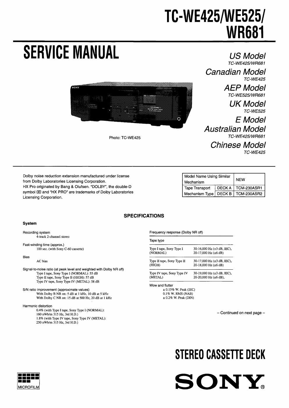 sony tc we 525 service manual