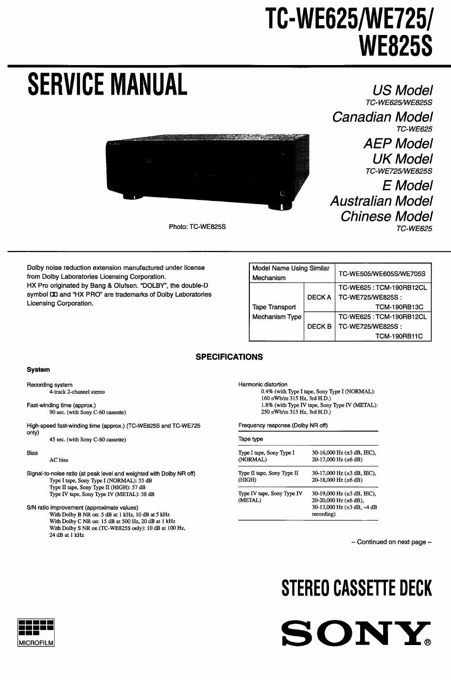 sony tc we 725 service manual