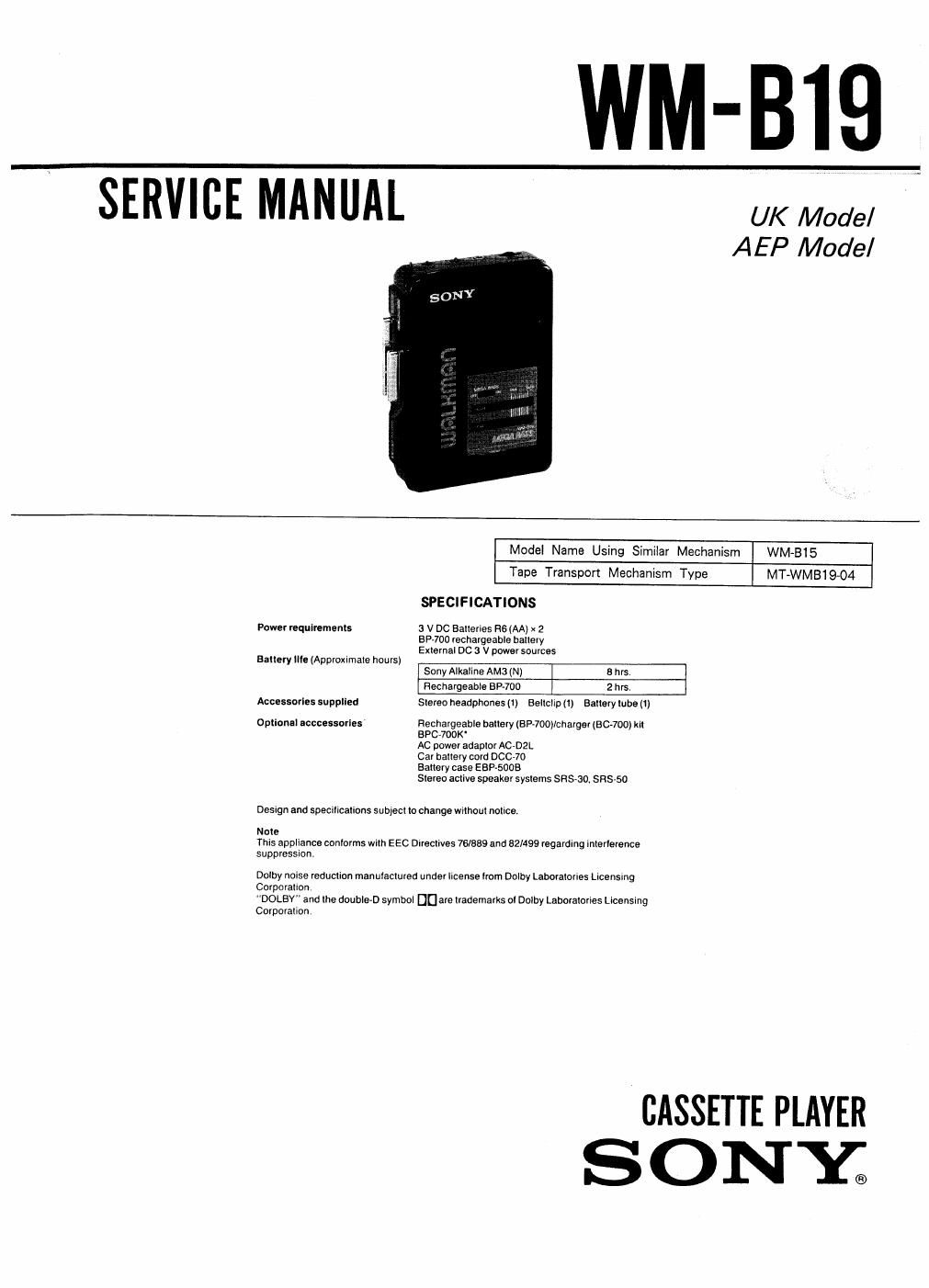 sony wm b 19 service manual