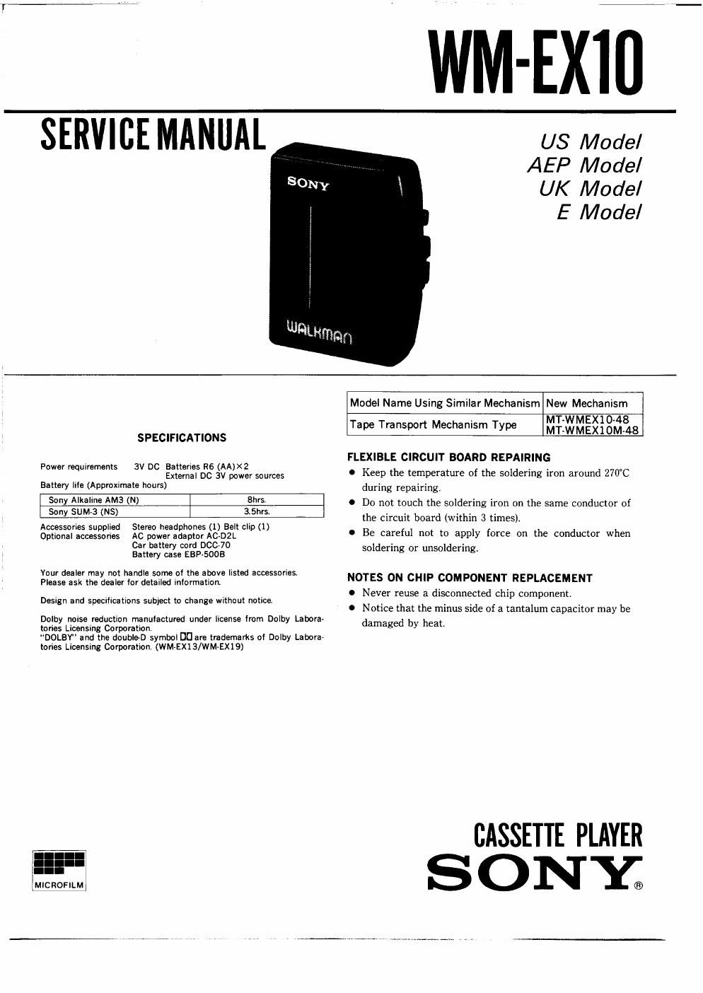 sony wm ex 10 service manual