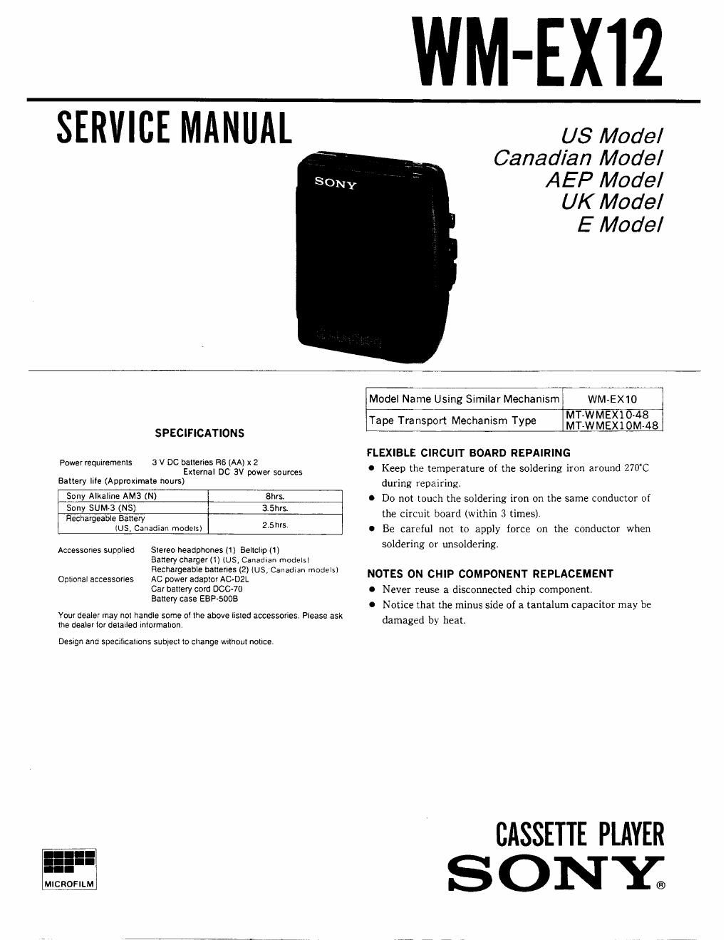 sony wm ex 12 service manual