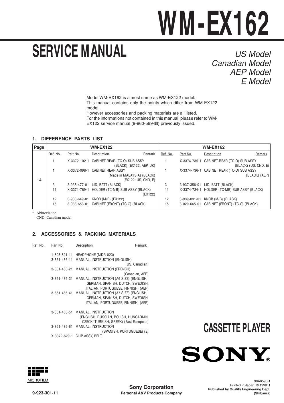 sony wm ex 162 service manual