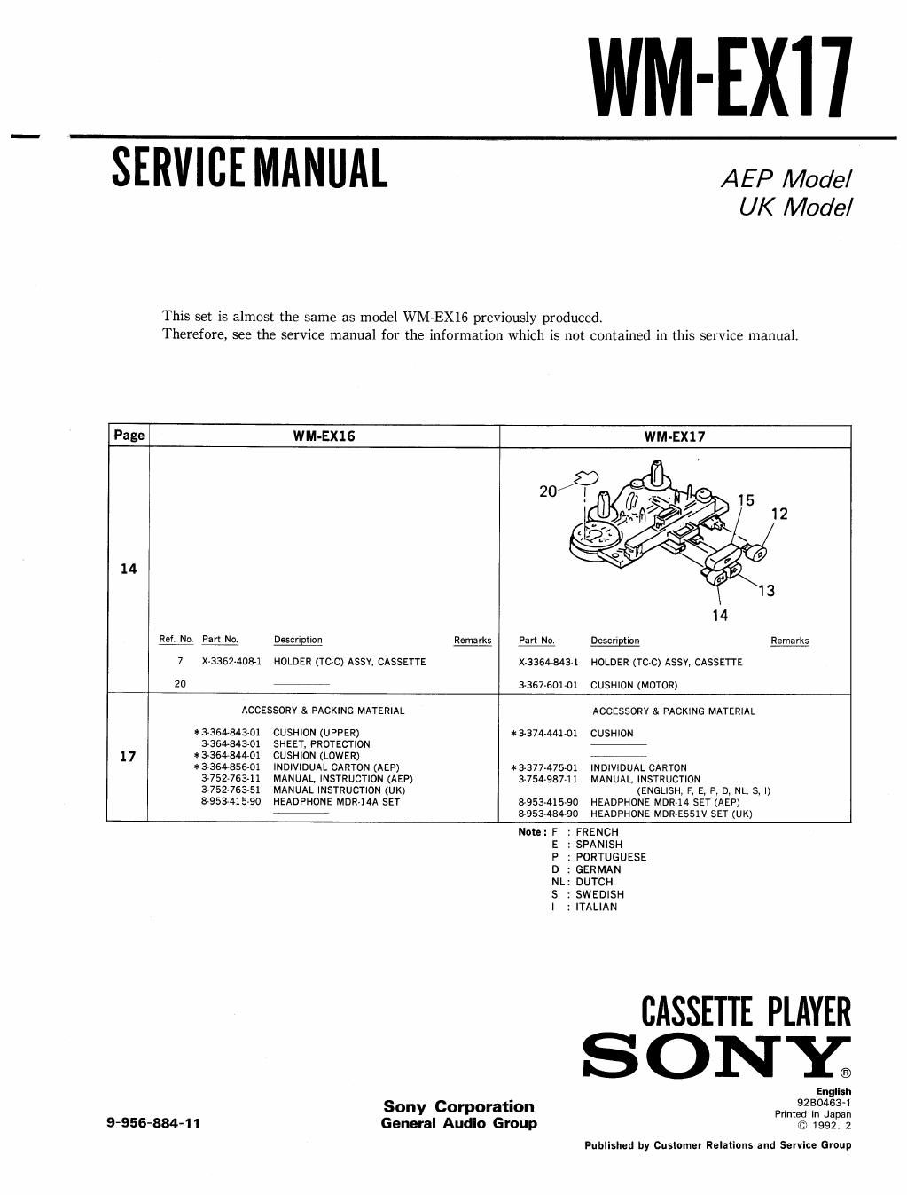 sony wm ex 17 service manual