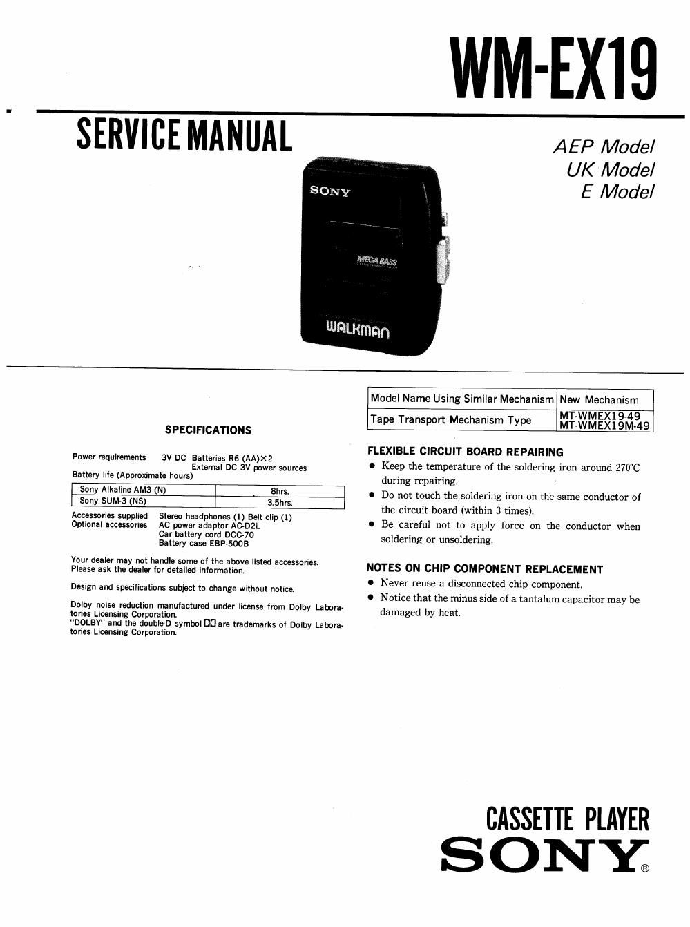 sony wm ex 19 service manual